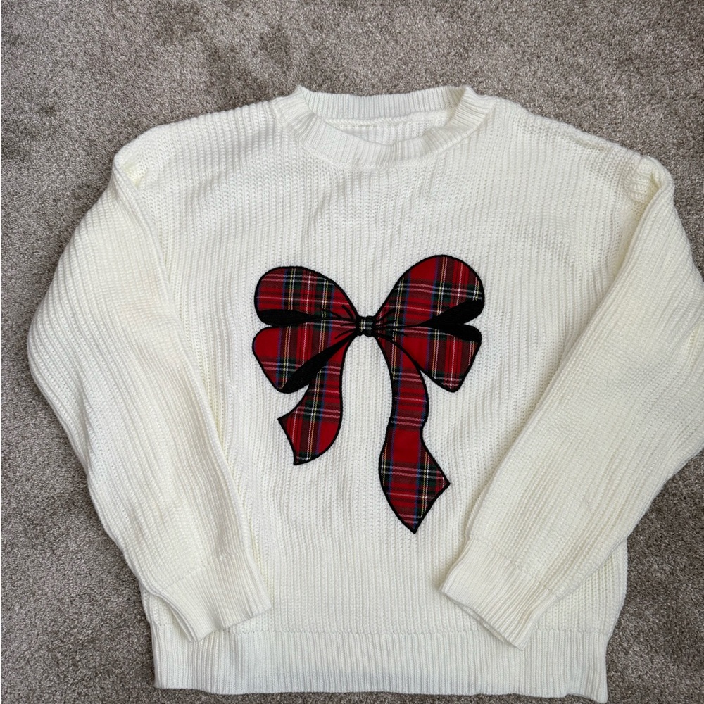 Plaid Bow White Sweater  NWOT
